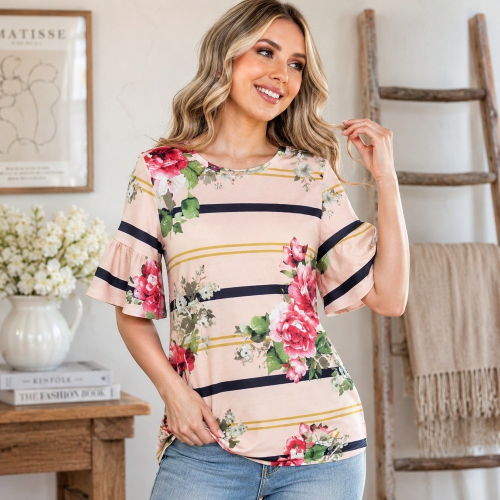 Coco and Main Floral Striped Ruffle Bell Sleeve Knit Top Peach Pink Navy Large